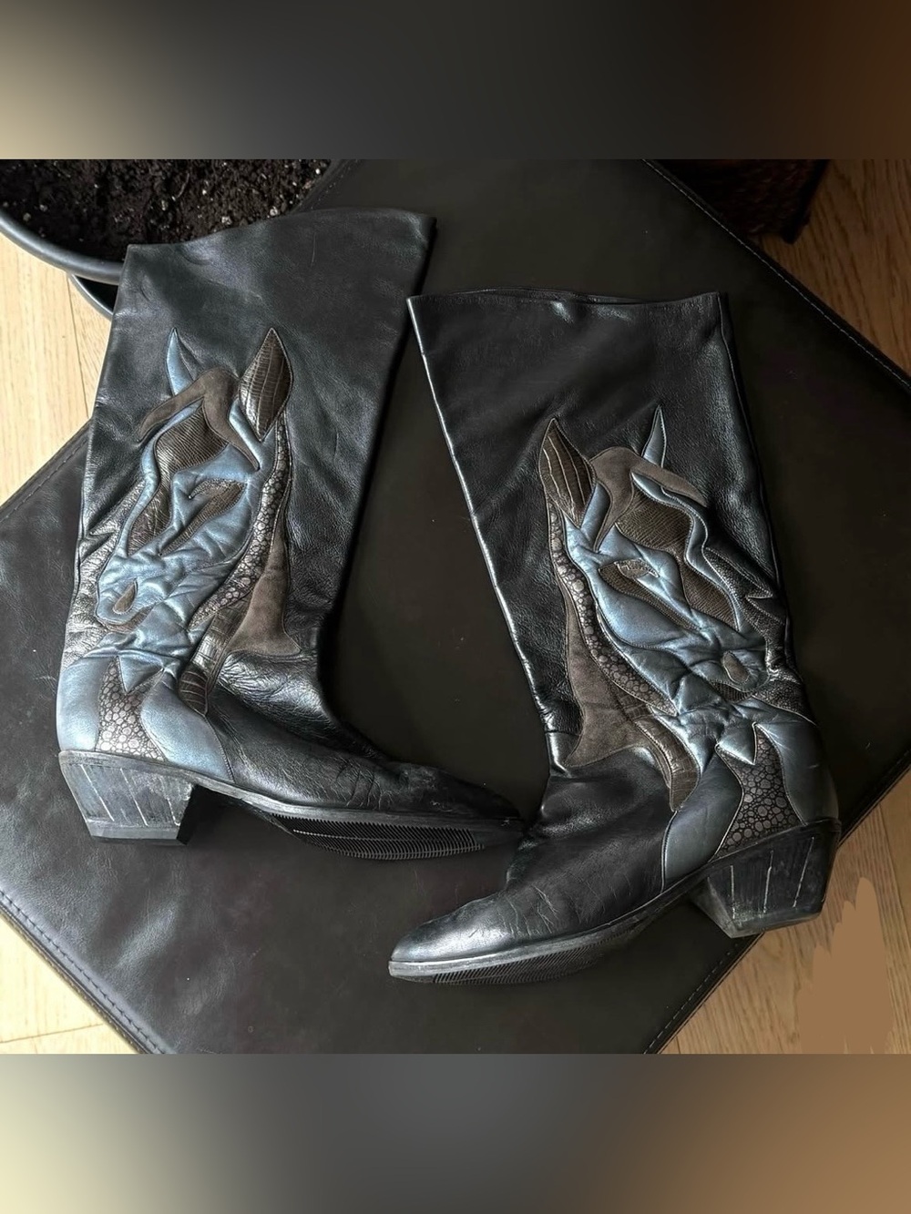 Vintage Leather Patchwork Horse Knee-High Cowboy Boot